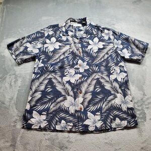 Caribbean Silk Button Up Short Sleeve Tropical Flower Shirt Blue Gray Men Sz M